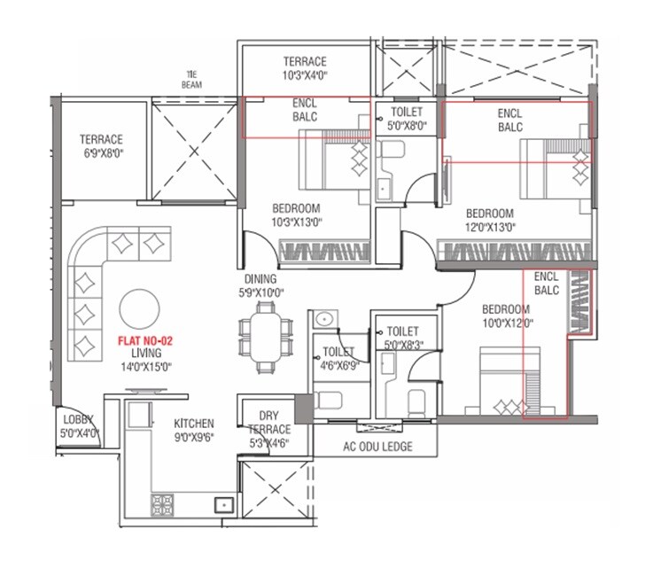 Floor plan of 3 BHK 1174 Sq. Ft. Apartment in Tulip Infinity World, Pune