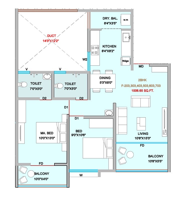 Floor plan of 2 BHK 746 Sq. Ft. Apartment in Turquoise Residences, Pune