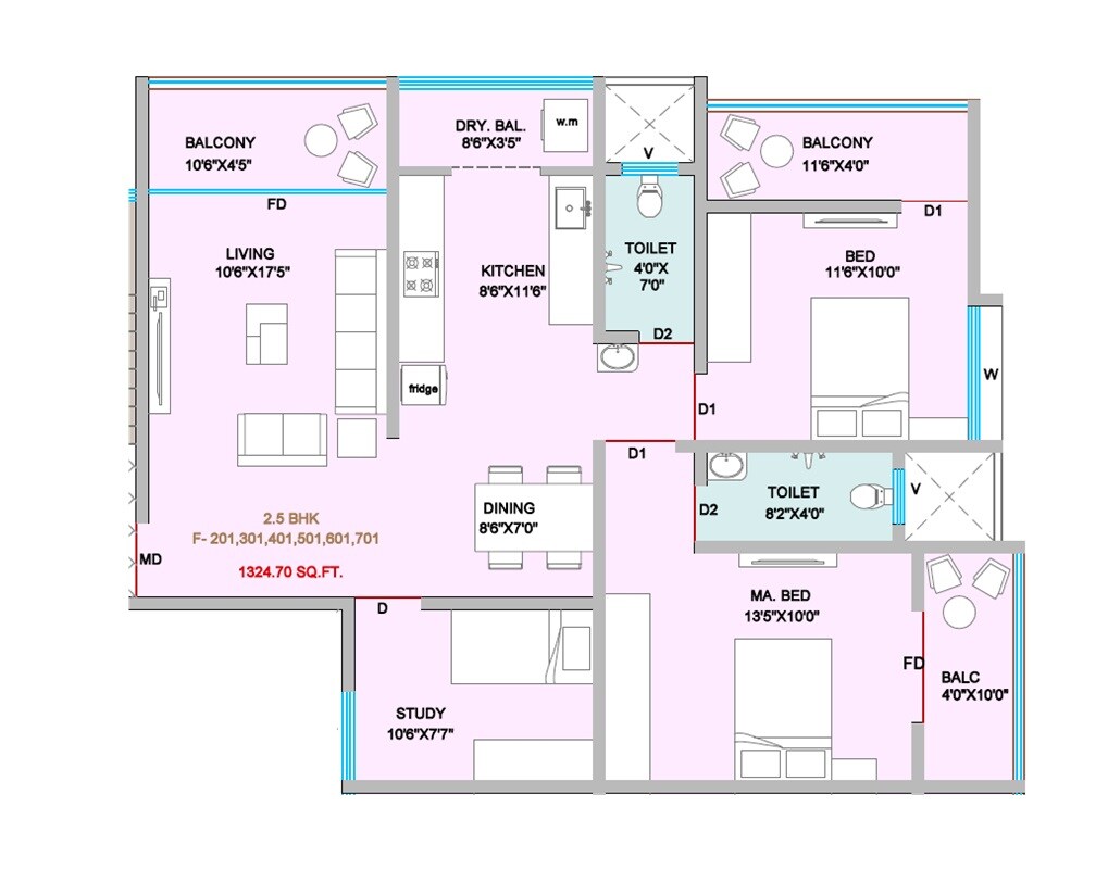 Floor plan of 2 BHK 981 Sq. Ft. Apartment in Turquoise Residences, Pune