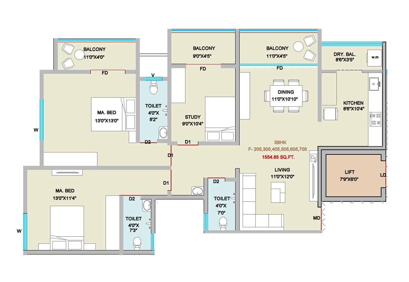 Floor plan of 3 BHK 1152 Sq. Ft. Apartment in Turquoise Residences, Pune