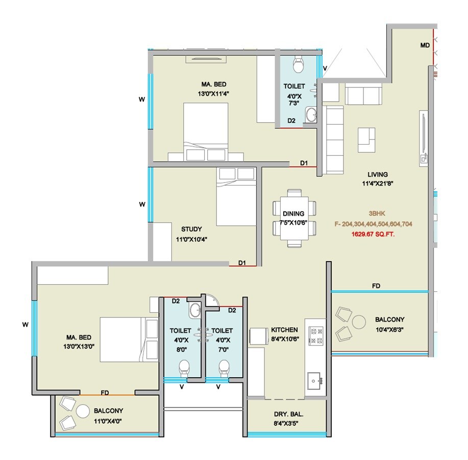 Floor plan of 3 BHK 1207 Sq. Ft. Apartment in Turquoise Residences, Pune