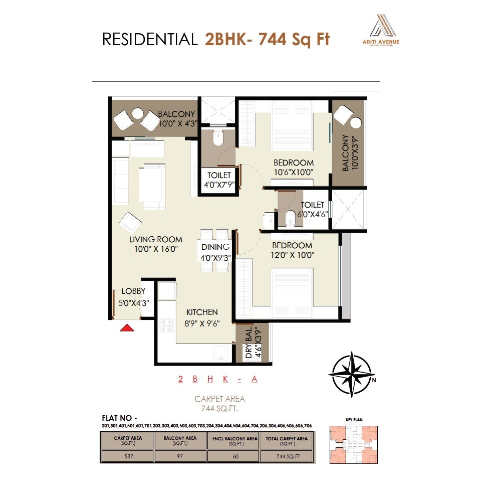 Floor plan of 2 BHK 744 Sq. Ft. Apartment in TVG Aditi Avenue, Pune