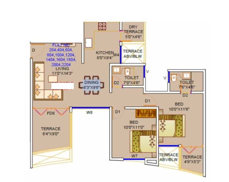 Floor plan of 2 BHK 1040 Sq. Ft. Apartment in Twin Star Royal Mansion, Pune