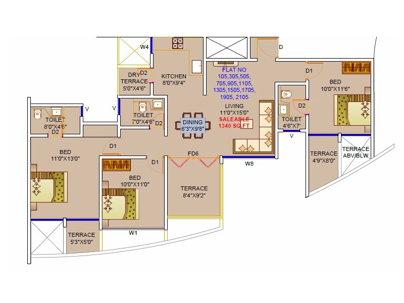 Floor plan of 3 BHK 1340 Sq. Ft. Apartment in Twin Star Royal Mansion, Pune