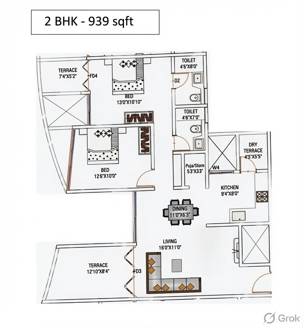 2 BHK 939 Sq. Ft. Apartment