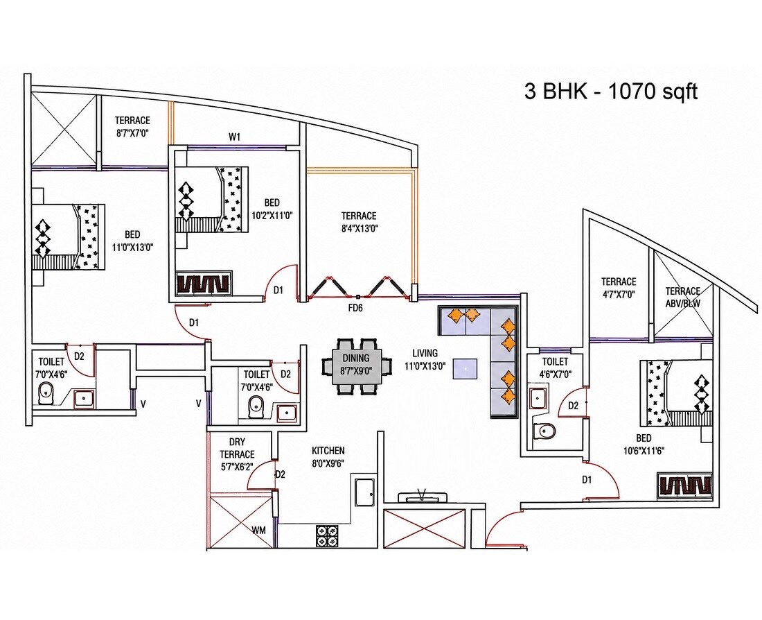 Floor plan of 3 BHK 1070 Sq. Ft. Apartment in Twin Star Vaastu Imperial, Pune