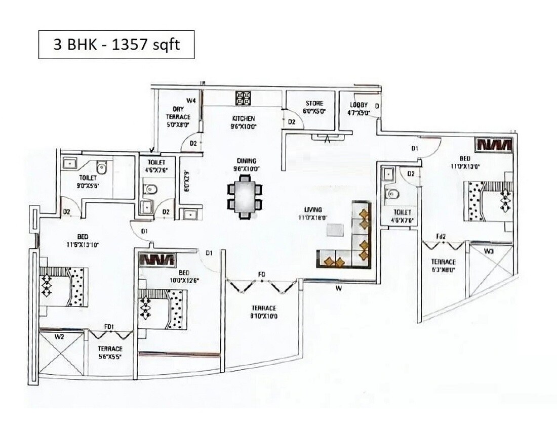 3 BHK 1357 Sq. Ft. Apartment