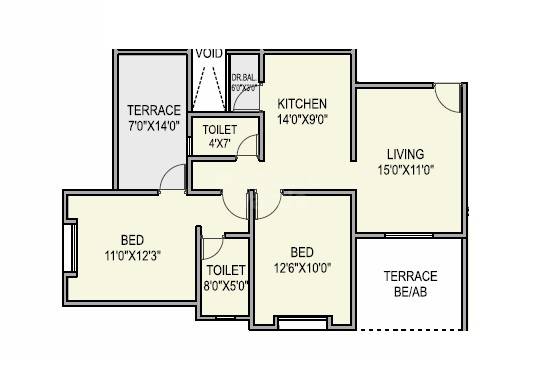 Floor plan of 2 BHK 675 Sq. Ft. Apartment in Ujwal Paradise, Pune