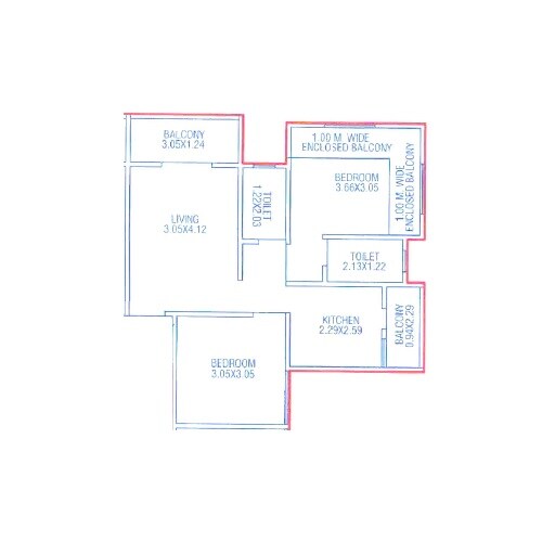Floor plan of 2 BHK 605 Sq. Ft. Apartment in Ujwal Shourya, Pune