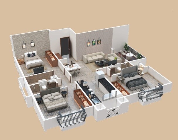 Floor plan of 3 BHK 960 Sq. Ft. Apartment in ULV Aspire, Pune