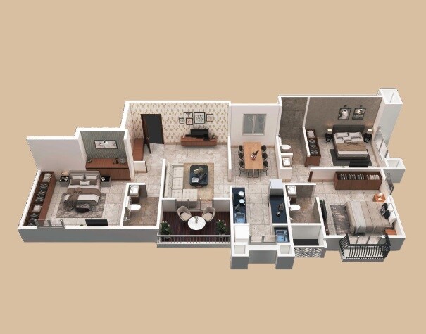 Floor plan of 3 BHK 1065 Sq. Ft. Apartment in ULV Aspire, Pune