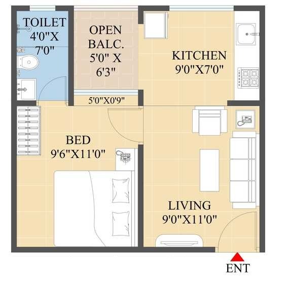Floor plan of 1 BHK 308 Sq. Ft. Apartment in Unicon Akshar, Pune