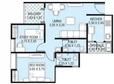 Floor plan of 2 BHK 587 Sq. Ft. Apartment in Unicorn Grace Pallacio, Pune