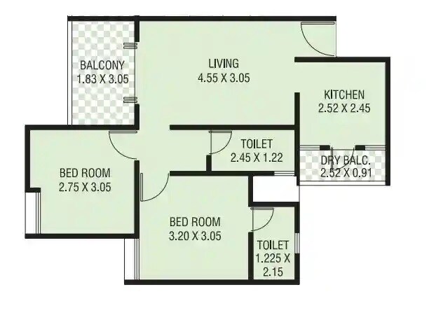 Floor plan of 2 BHK 629 Sq. Ft. Apartment in Unicorn Grace Pallacio, Pune