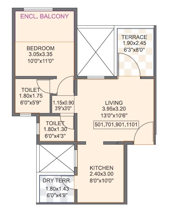 Floor plan of 1 BHK 379 Sq. Ft. Apartment in Unicorn Nisarg Belrose, Pune