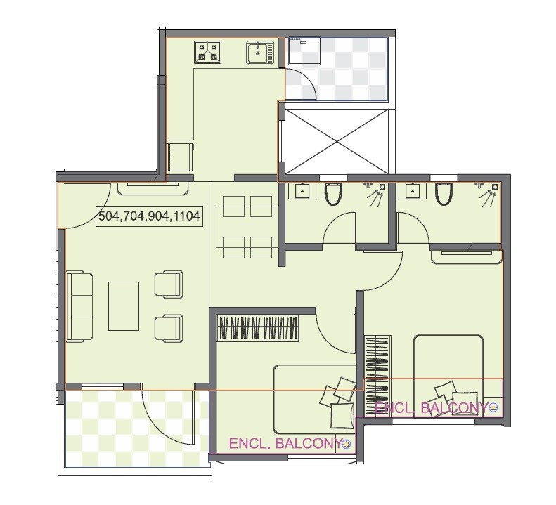 Floor plan of 2 BHK 539 Sq. Ft. Apartment in Unicorn Nisarg Belrose, Pune