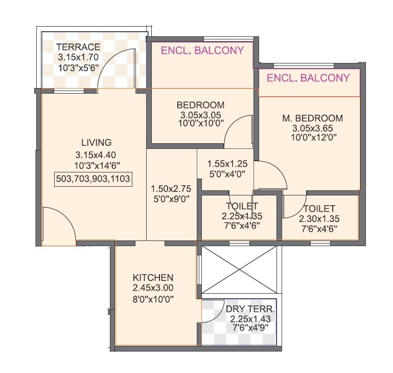 Floor plan of 2 BHK 753 Sq. Ft. Apartment in Unicorn Nisarg Belrose, Pune
