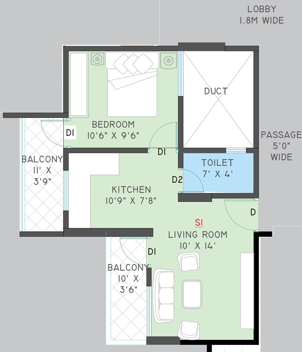 Floor plan of 1 BHK 482 Sq. Ft. Apartment in Unicus Lake N Hills, Pune