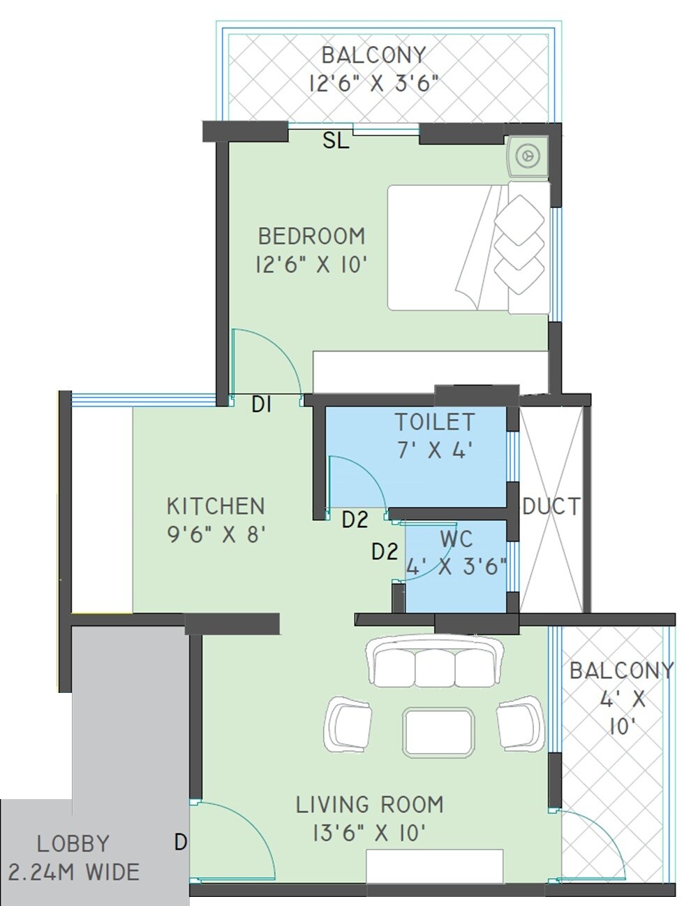 Floor plan of 1 BHK 504 Sq. Ft. Apartment in Unicus Lake N Hills, Pune