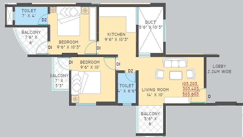 Floor plan of 2 BHK 596 Sq. Ft. Apartment in Unicus Lake N Hills, Pune