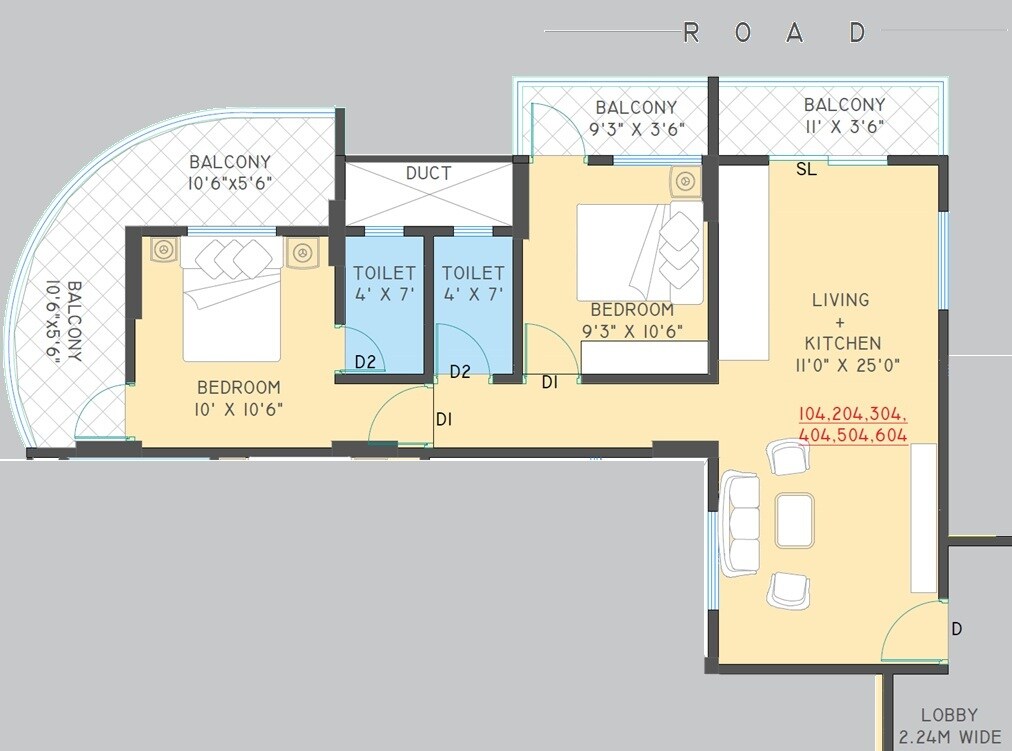 Floor plan of 2 BHK 787 Sq. Ft. Apartment in Unicus Lake N Hills, Pune