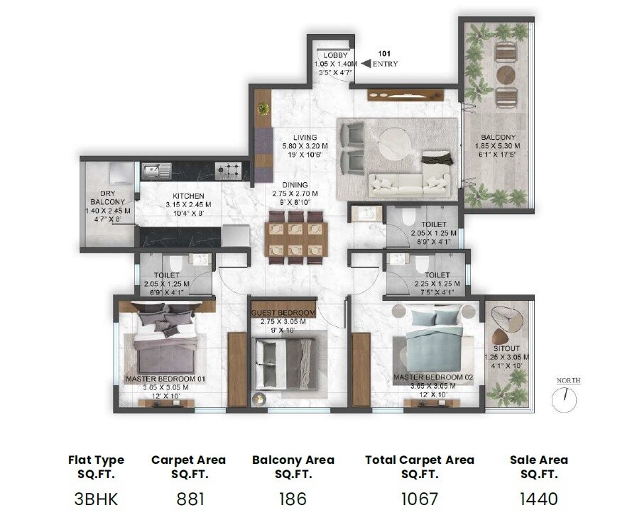 Floor plan of 3 BHK 1067 Sq. Ft. Apartment in Uniko Akshay, Pune