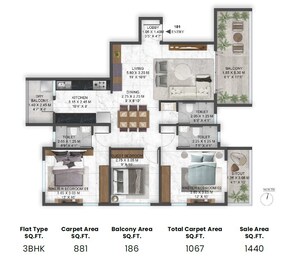 3 BHK 1067 Sq. Ft. Apartment in Uniko Akshay