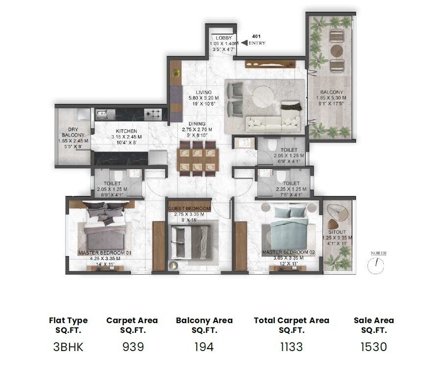 Floor plan of 3 BHK 1133 Sq. Ft. Apartment in Uniko Akshay, Pune