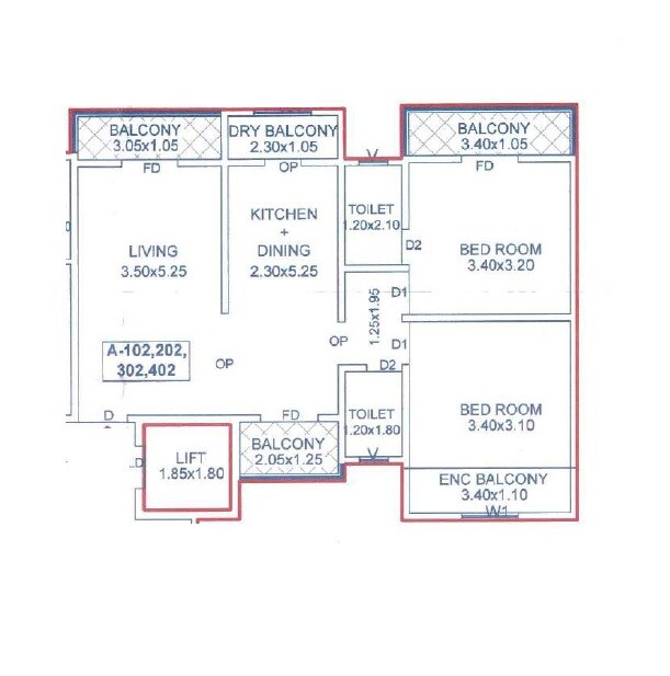 Floor plan of 2 BHK 712 Sq. Ft. Apartment in Unique Elite, Pune