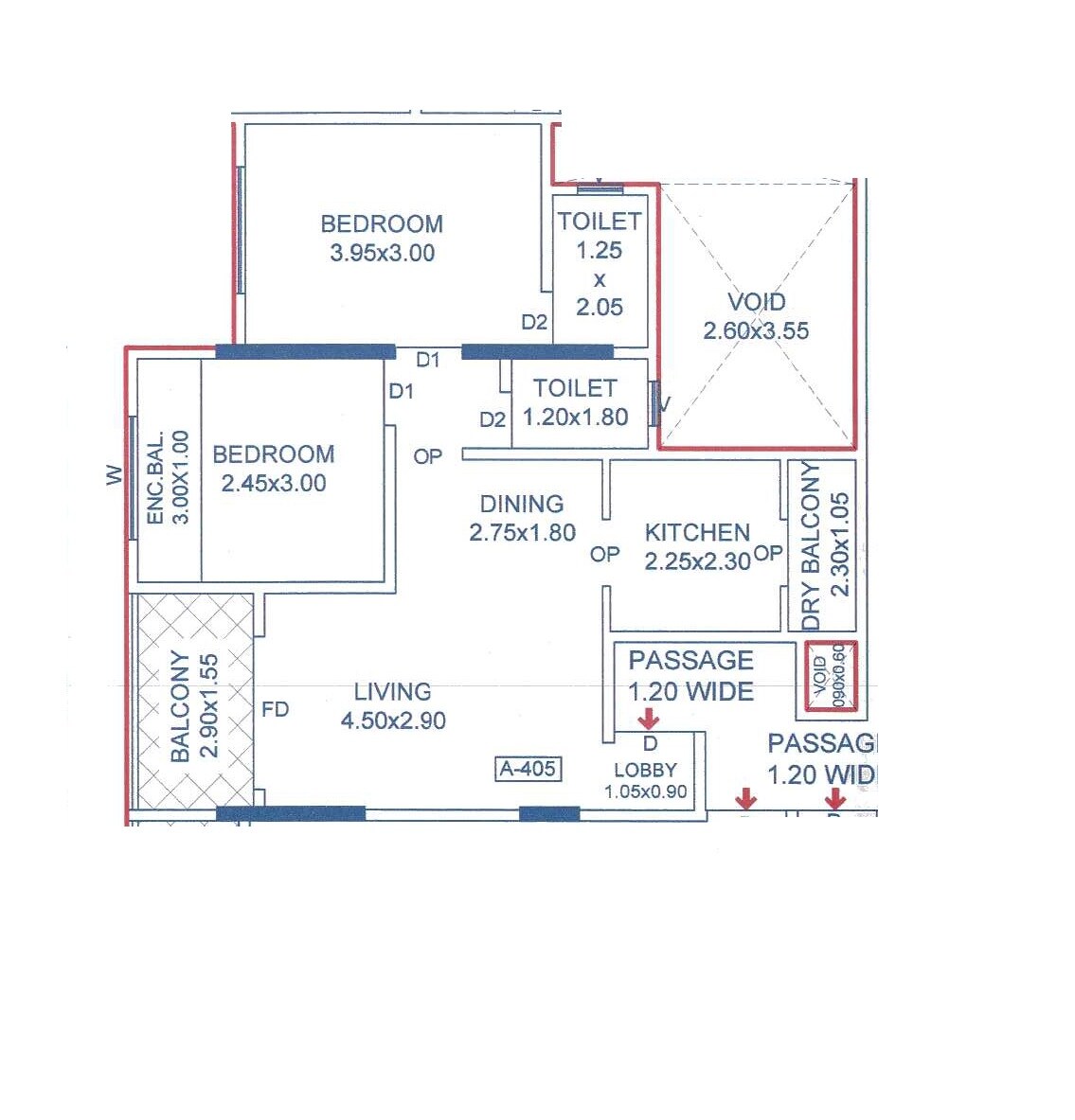 Floor plan of 2 BHK 817 Sq. Ft. Apartment in Unique Elite, Pune