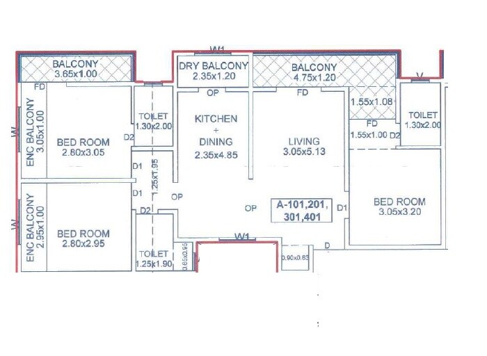 Floor plan of 3 BHK 969 Sq. Ft. Apartment in Unique Elite, Pune