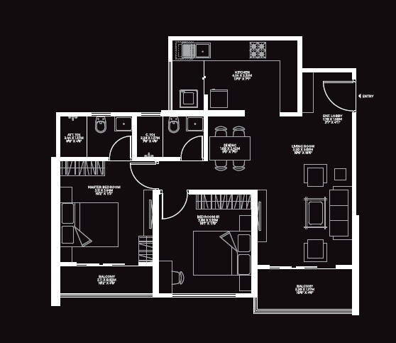 Floor plan of 2 BHK 1049 Sq. Ft. Apartment in Unique Envogue 2, Pune