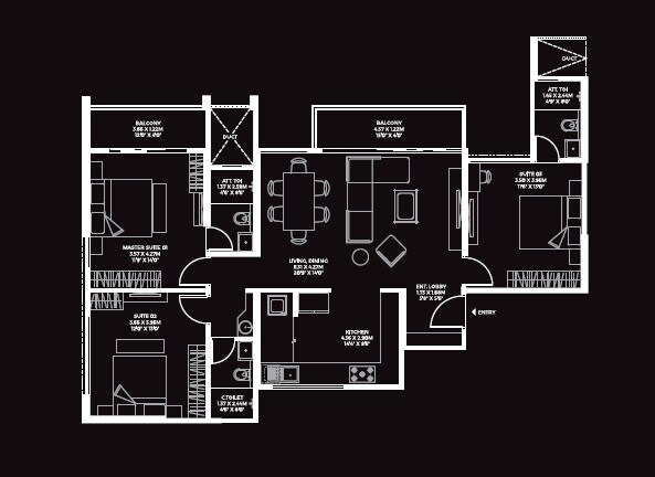 Floor plan of 3 BHK 1265 Sq. Ft. Apartment in Unique Envogue 2, Pune