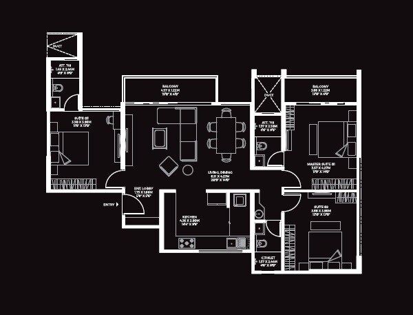 Floor plan of 3 BHK 1619 Sq. Ft. Apartment in Unique Envogue 2, Pune