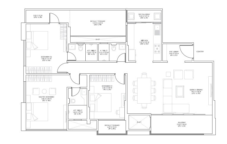 Floor plan of 3 BHK 1413 Sq. Ft. Apartment in Unique Envogue, Pune