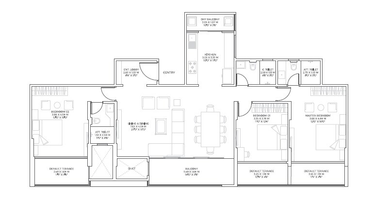 Floor plan of 3 BHK 1446 Sq. Ft. Apartment in Unique Envogue, Pune