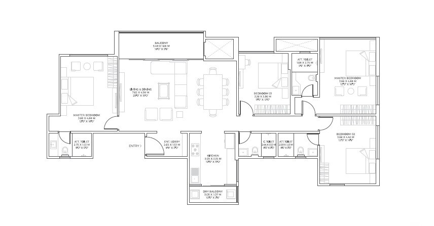 Floor plan of 4 BHK 1953 Sq. Ft. Apartment in Unique Envogue, Pune