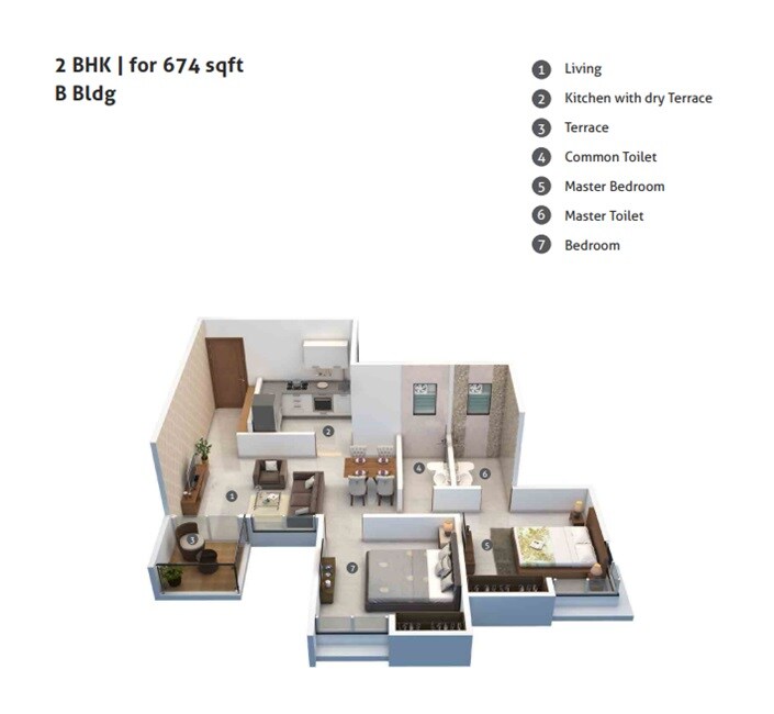 Floor plan of 2 BHK 674 Sq. Ft. Apartment in Unique group Zest County, Pune