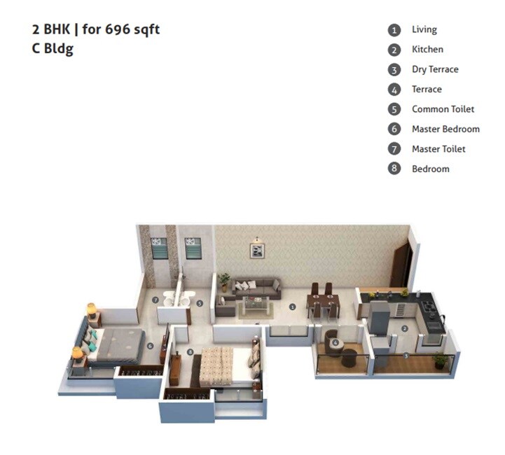 Floor plan of 2 BHK 696 Sq. Ft. Apartment in Unique group Zest County, Pune