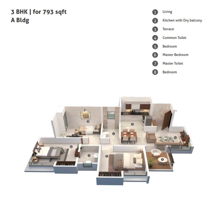 Floor plan of 3 BHK 793 Sq. Ft. Apartment in Unique group Zest County, Pune