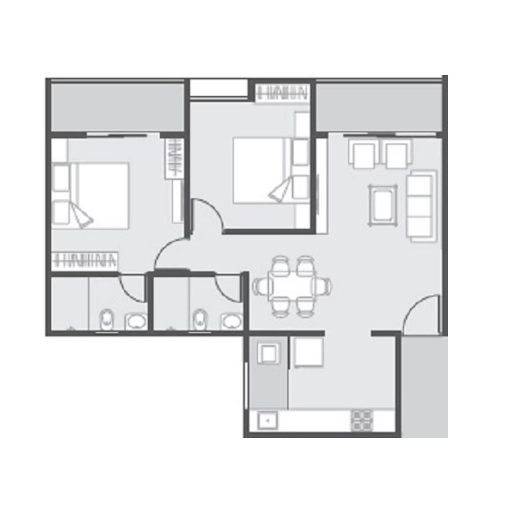 Floor plan of 2 BHK 680 Sq. Ft. Apartment in Unique K City, Pune