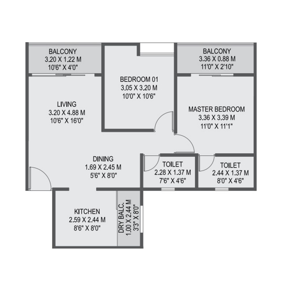 Floor plan of 2 BHK 755 Sq. Ft. Apartment in Unique K City, Pune