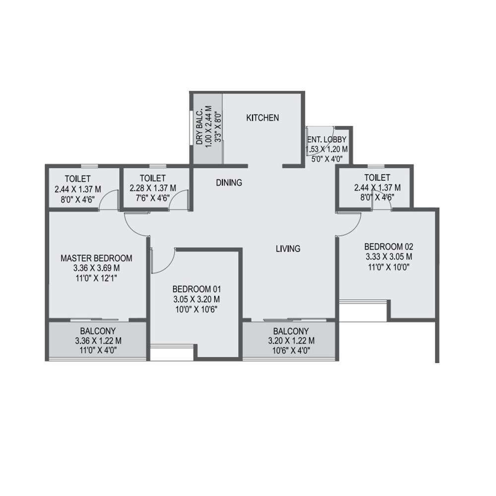 Floor plan of 3 BHK 913 Sq. Ft. Apartment in Unique K City, Pune