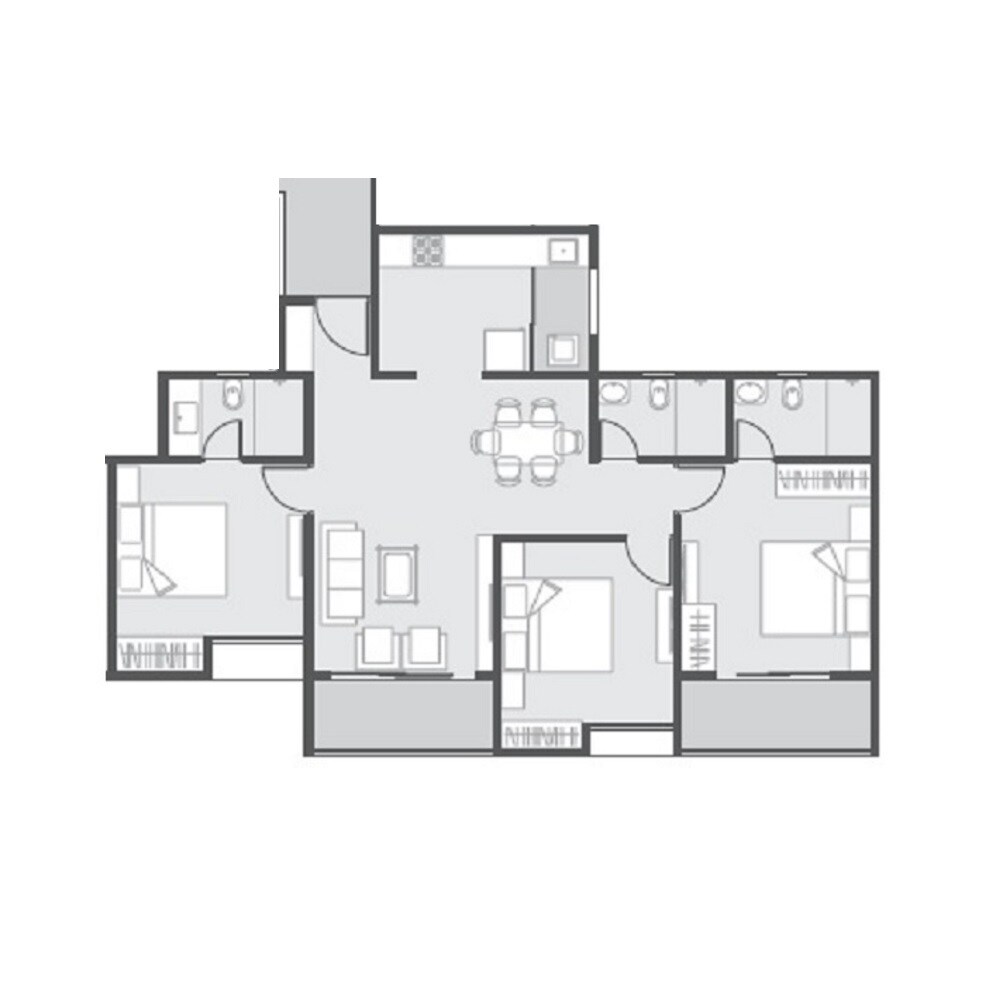 Floor plan of 3 BHK 987 Sq. Ft. Apartment in Unique K City, Pune