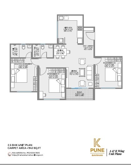 Floor plan of 3 BHK 943 Sq. Ft. Apartment in Unique K Pune, Pune