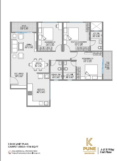 Floor plan of 3 BHK 1116 Sq. Ft. Apartment in Unique K Pune, Pune