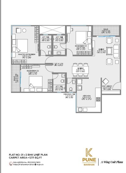 Floor plan of 3 BHK 1271 Sq. Ft. Apartment in Unique K Pune, Pune