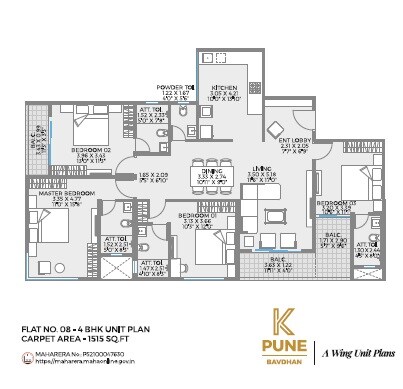 Floor plan of 4 BHK 1515 Sq. Ft. Apartment in Unique K Pune, Pune