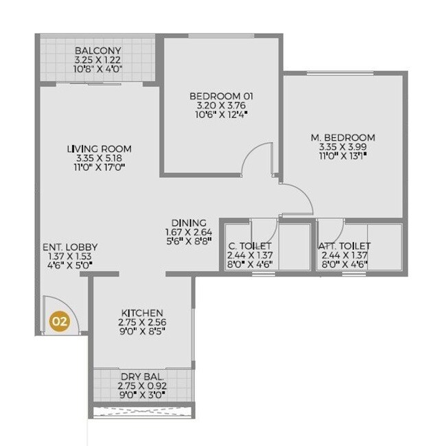 Floor plan of 2 BHK 808 Sq. Ft. Apartment in Unique K Shire, Pune