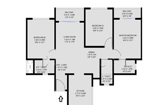 Floor plan of 3 BHK 1022 Sq. Ft. Apartment in Unique K Shire, Pune